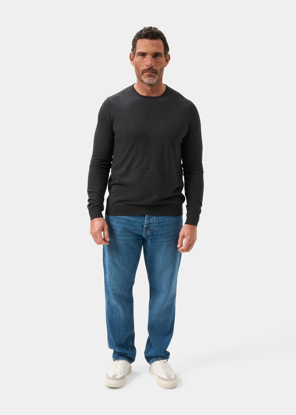 Men's Cotton Cashmere Crew Neck Jumper in Charcoal Grey