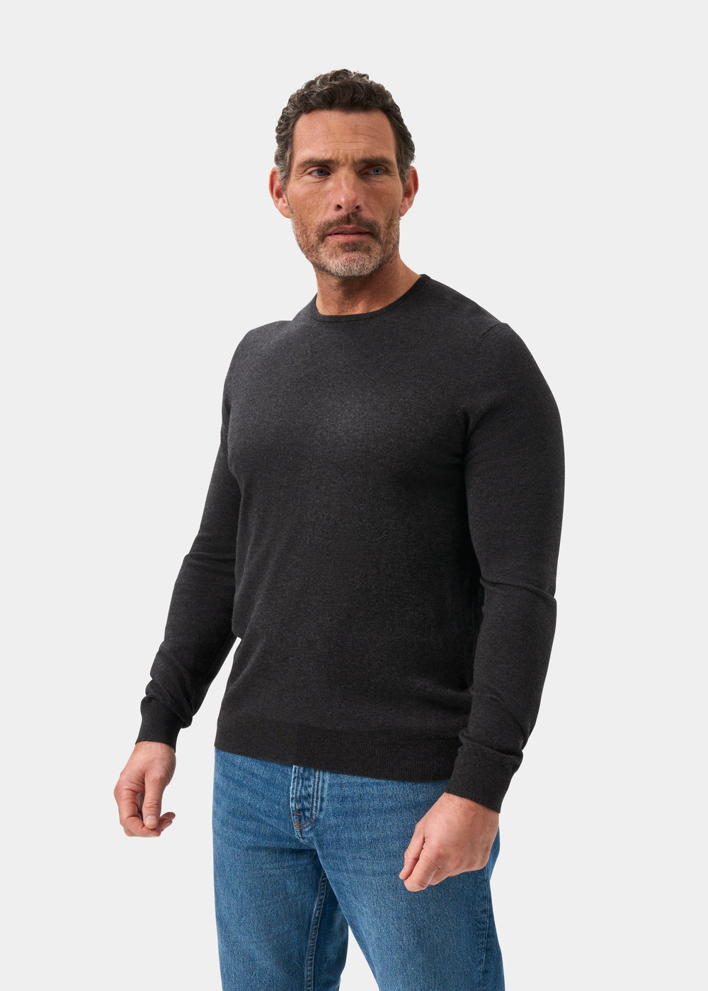 Men's Cotton Cashmere Crew Neck Jumper in Charcoal Grey