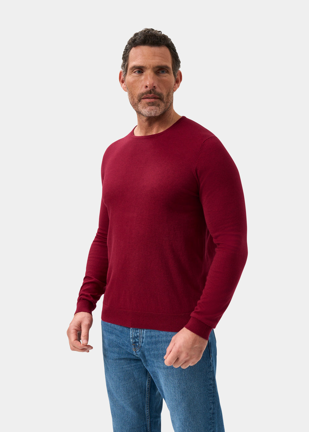 Men's Cotton Cashmere Crew Neck Jumper in Dark Red