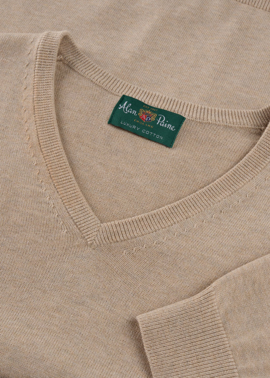 Men's Cotton Cashmere Vee Neck Jumper in Beige