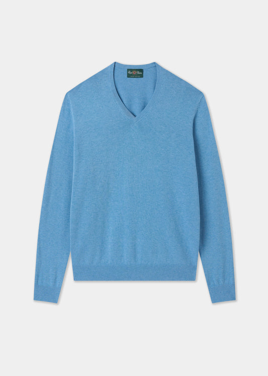 Men's Cotton Cashmere Vee Neck Jumper in Light Blue