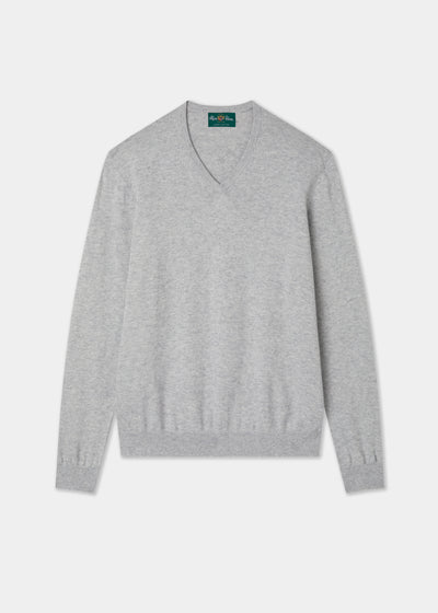 Men's Cotton Cashmere Vee Neck Jumper in Light Grey
