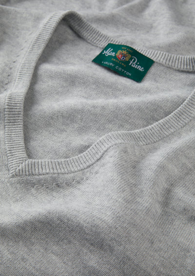 Men's Cotton Cashmere Vee Neck Jumper in Light Grey