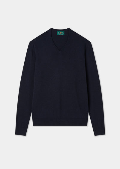 Men's Cotton Cashmere Vee Neck Jumper in Navy