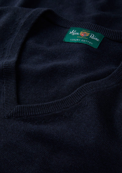 Men's Cotton Cashmere Vee Neck Jumper in Navy