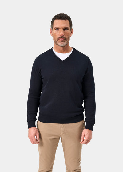 Men's Cotton Cashmere Vee Neck Jumper in Navy