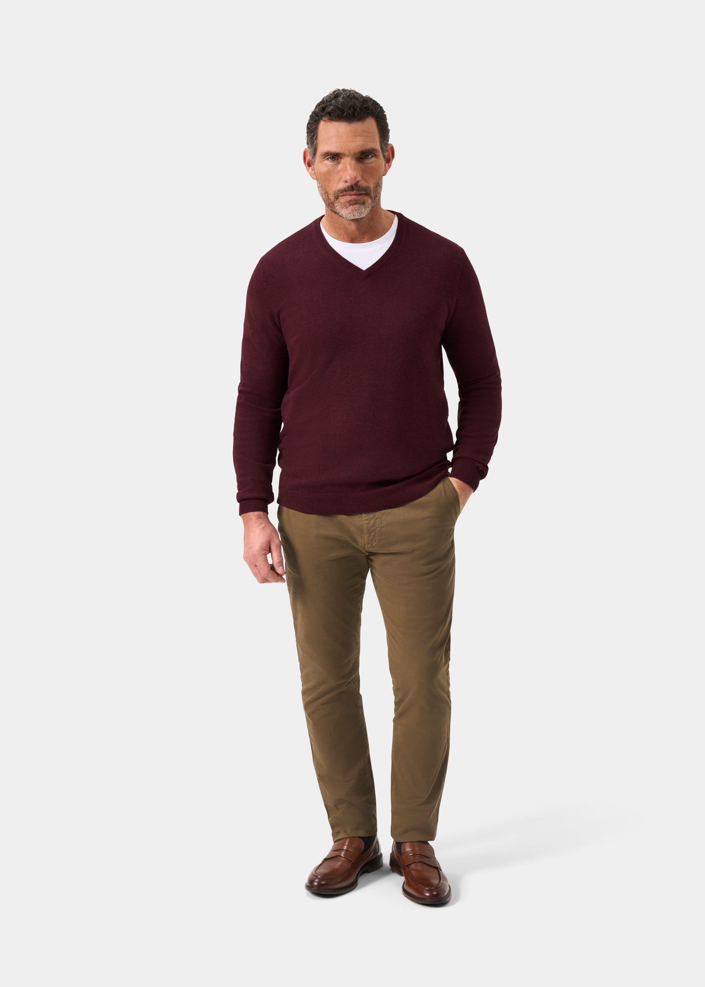 Men's Cotton Cashmere Vee Neck Jumper in Purple