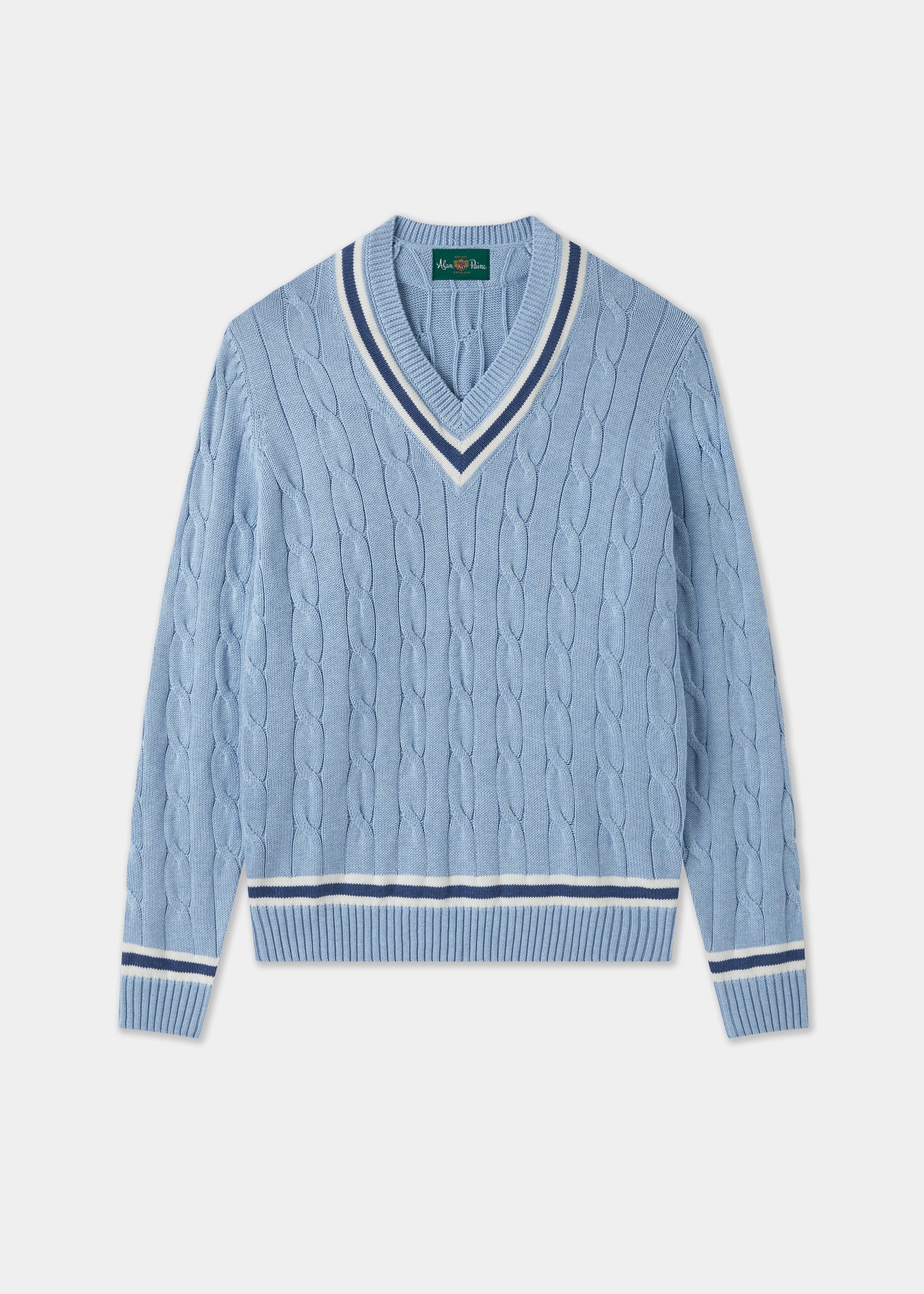 Men's Cotton Vee Neck Cricket Jumper in Light Blue, White and Dark Blue