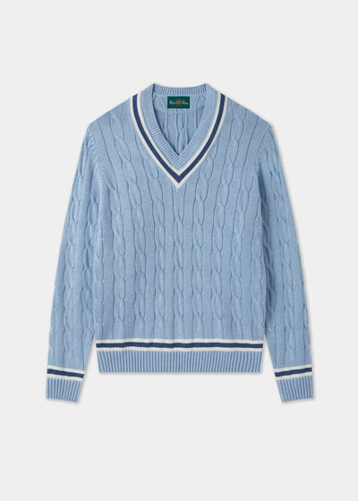 Men's Cotton Vee Neck Cricket Jumper in Light Blue, White and Dark Blue