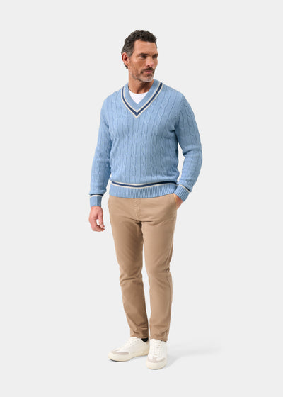 Men's Cotton Vee Neck Cricket Jumper in Light Blue, White and Dark Blue