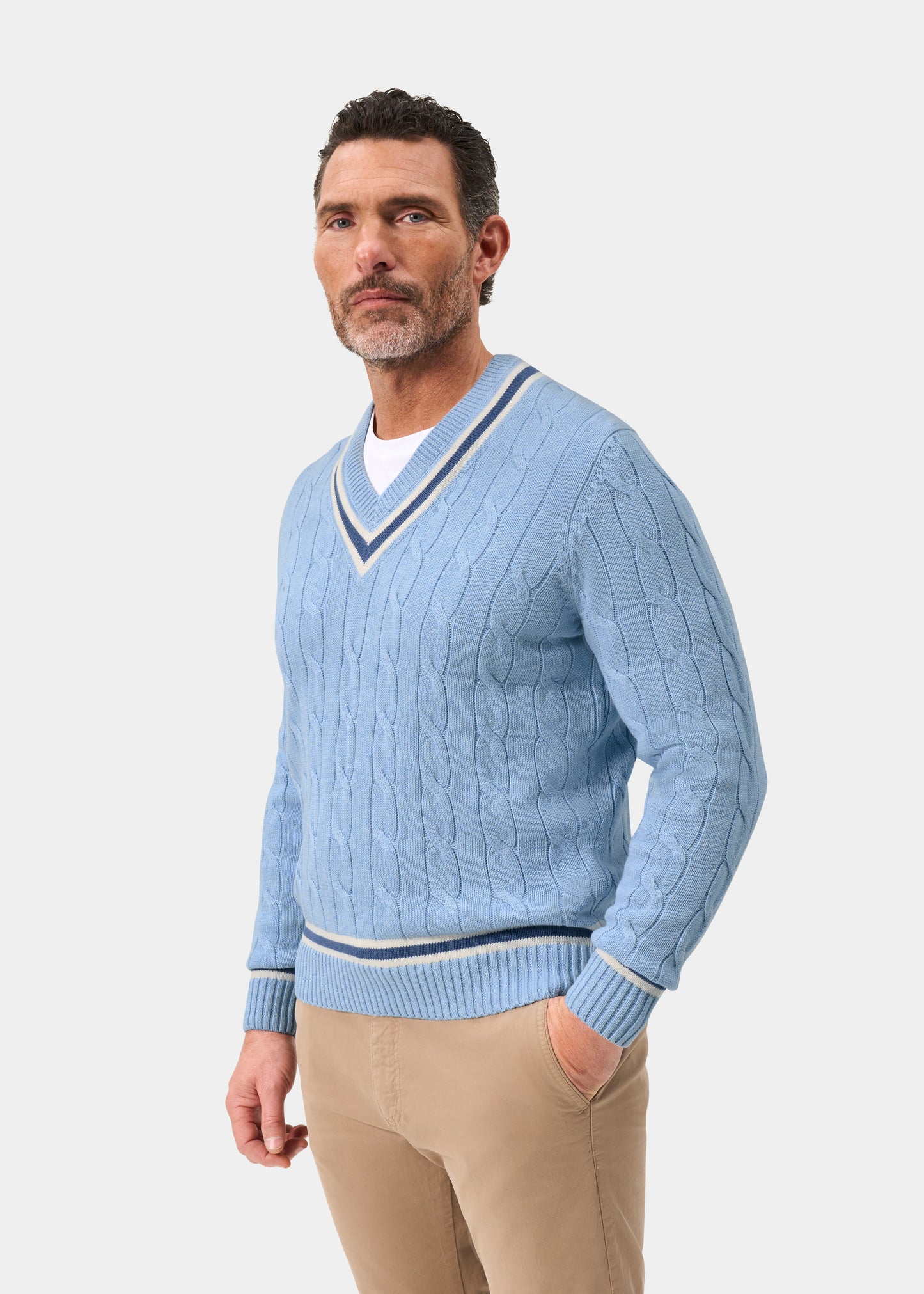 Men's Cotton Vee Neck Cricket Jumper in Light Blue, White and Dark Blue