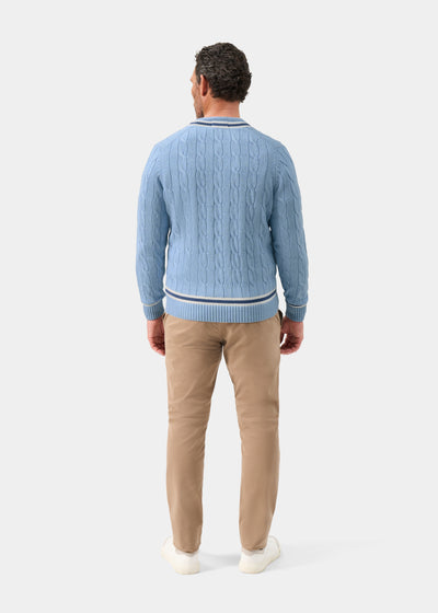 Men's Cotton Vee Neck Cricket Jumper in Light Blue, White and Dark Blue
