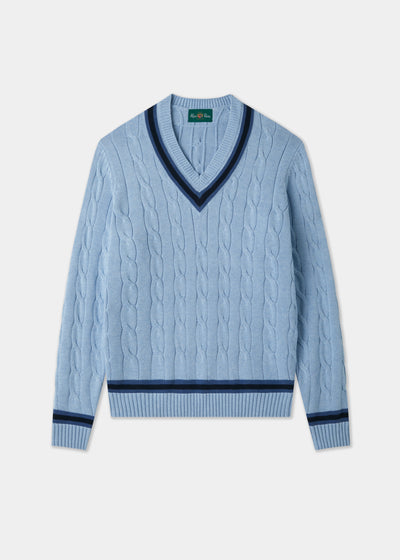 Cotton V-Neck Cricket Jumper In Light Blue and Navy