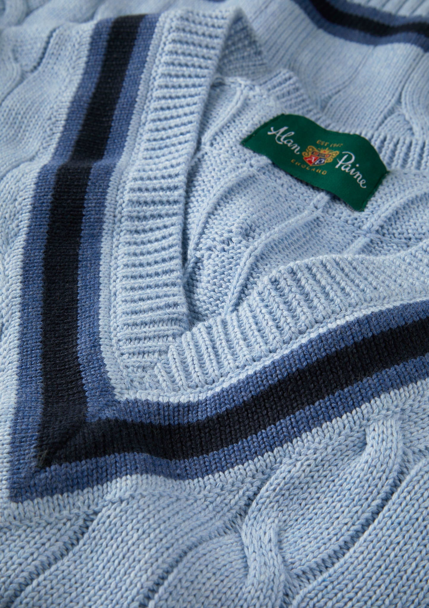 Cotton V-Neck Cricket Jumper In Light Blue and Navy