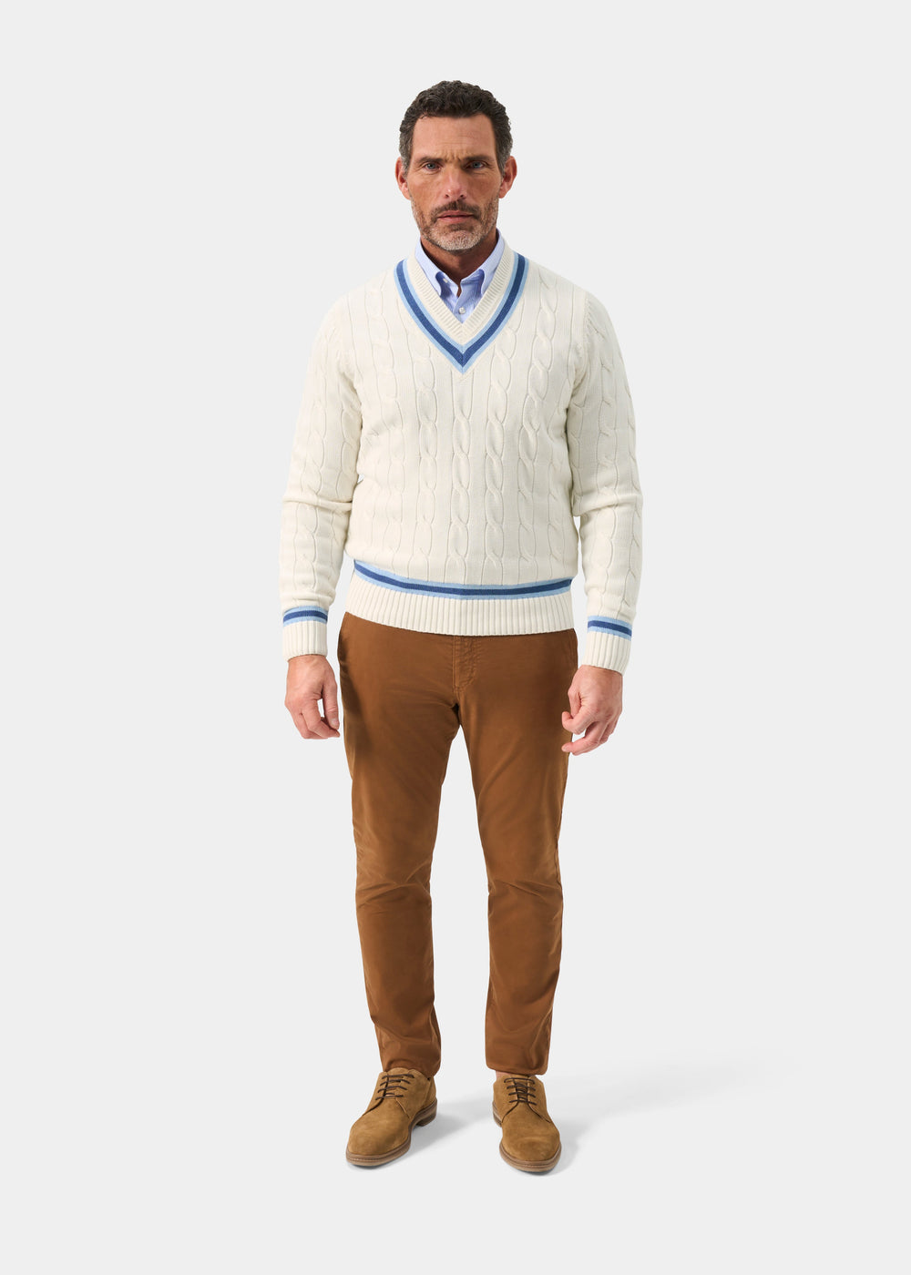 Men's Cotton V-neck Cricket Jumper In White and Blue