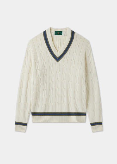 Men's Cotton Vee Neck Cricket Jumper in White, Green and Blue