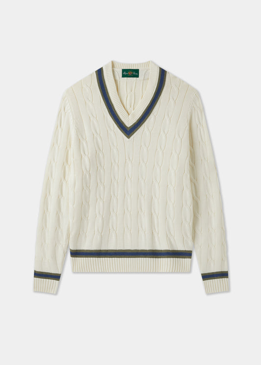 Men's Cotton Vee Neck Cricket Jumper in White, Green and Blue