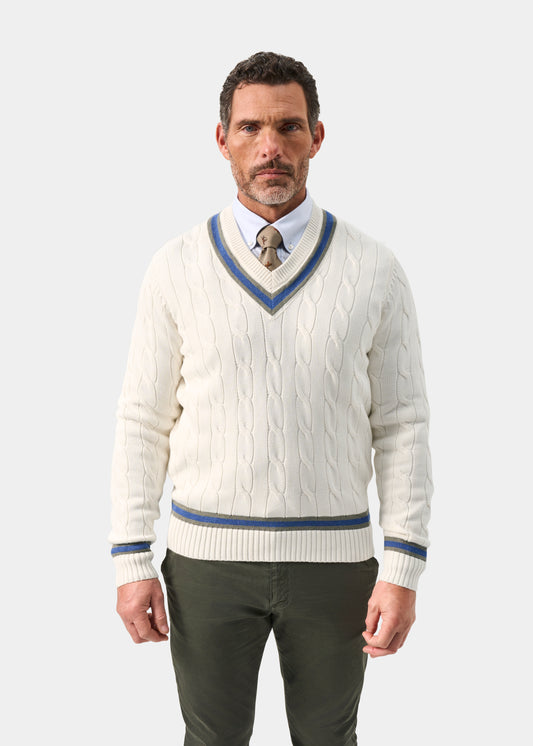 Men's Cotton Vee Neck Cricket Jumper in White, Green and Blue