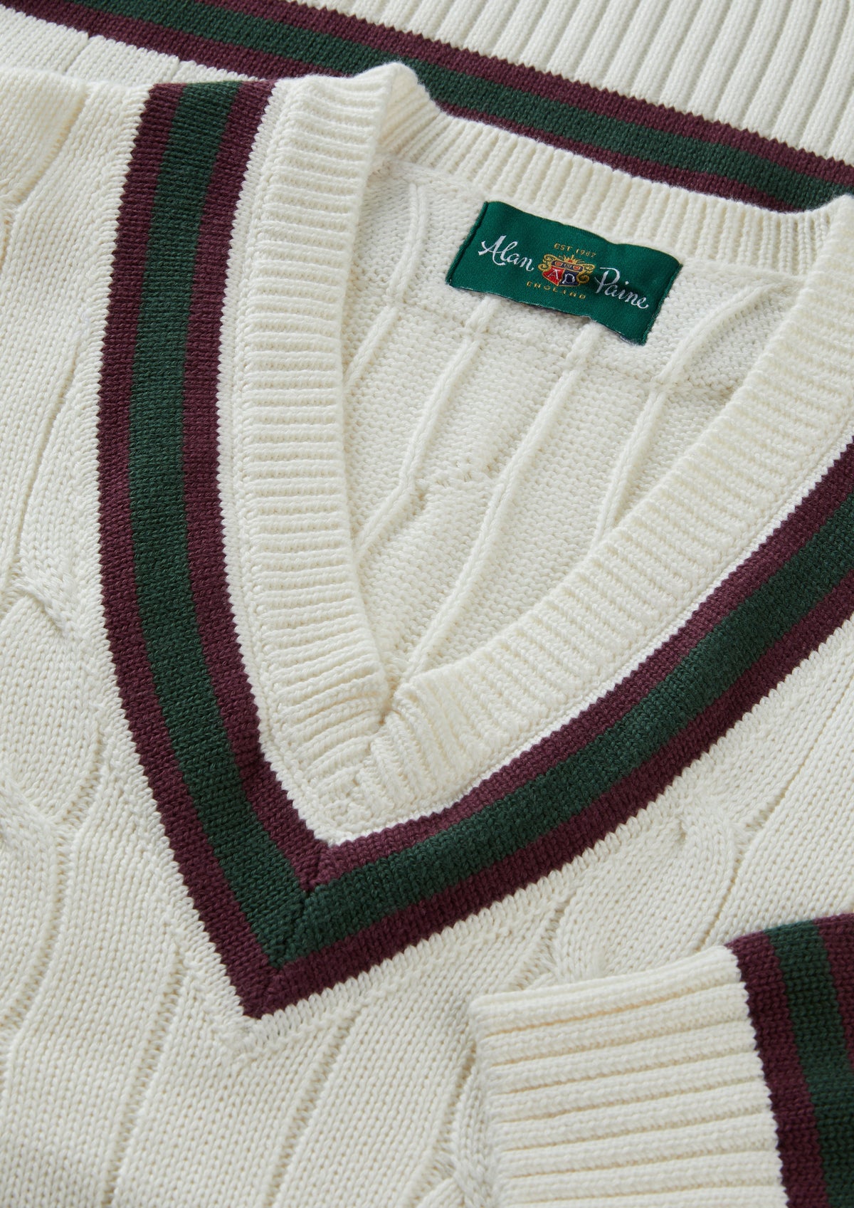 Men's Cotton Vee Neck Cricket Jumper in White, Purple and Green
