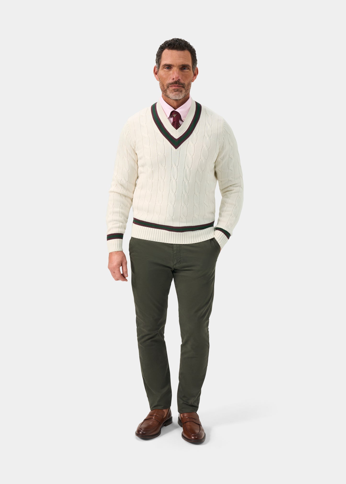 Men's Cotton Vee Neck Cricket Jumper in White, Purple and Green