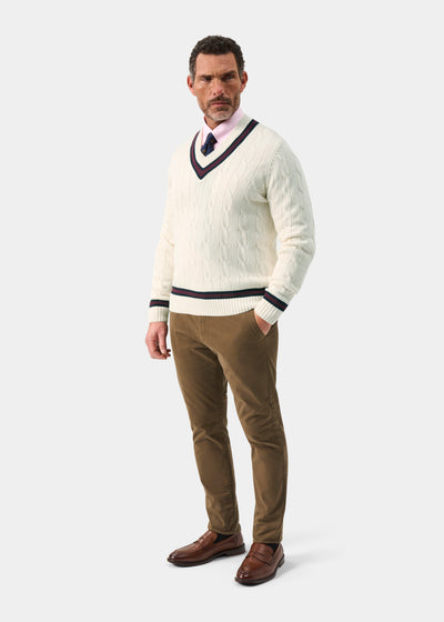 Men's Cotton Vee Neck Cricket Jumper in White, Navy and Purple