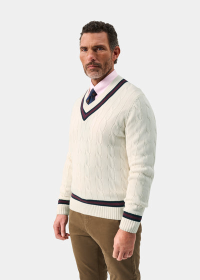 Men's Cotton Vee Neck Cricket Jumper in White, Navy and Purple