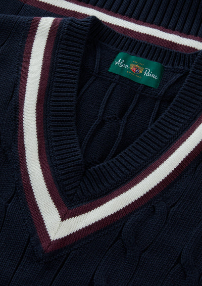 Men's Cotton Vee Neck Slipover Cricket Jumper in Navy and Purple