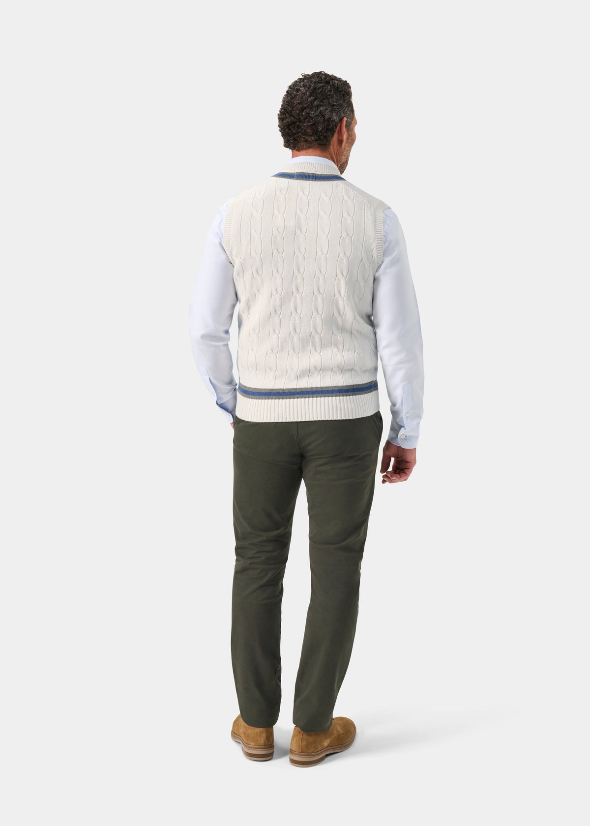 Men's Cotton Vee Neck Slipover Cricket Junper in White and Blue