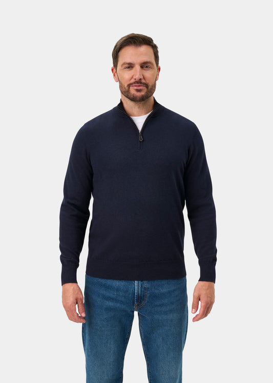 Ashfield Cotone Merino Zip un un quarto Maglione In Dark Navy - Vestibilità regolare