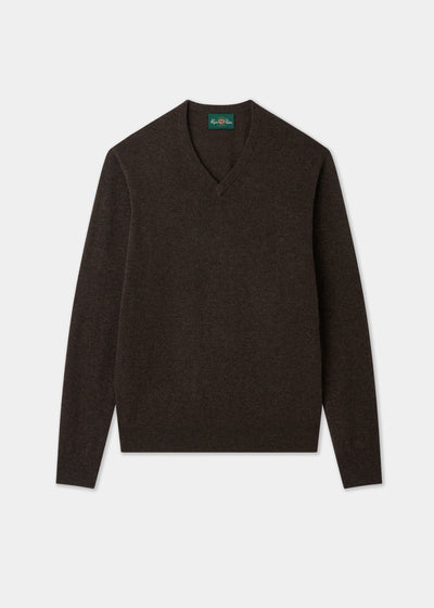 Men's Geelong Wool Vee Neck Jumper in Cocoa