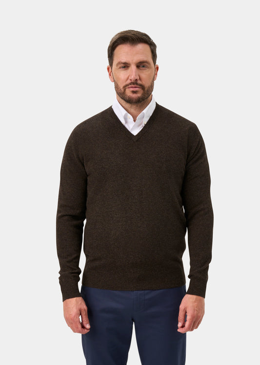 Albury Geelong Wool V-Neck Jumper In Cocoa - Regular Fit