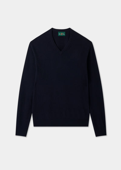 Men's Geelong Wool Vee Neck Jumper in Dark Navy