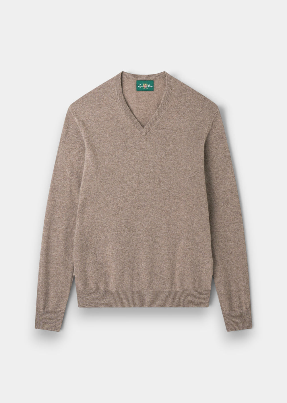 Albury Geelong Wool V-Neck Jumper in Mushroom, regular fit, with long sleeves, laid flat on a white background.