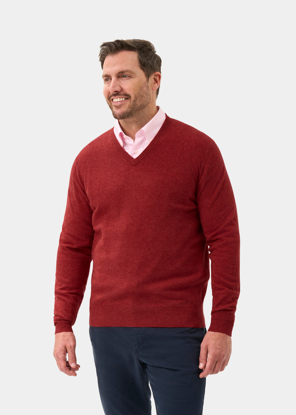 Men's Geelong Wool Vee Neck Jumper in Poppy Melange