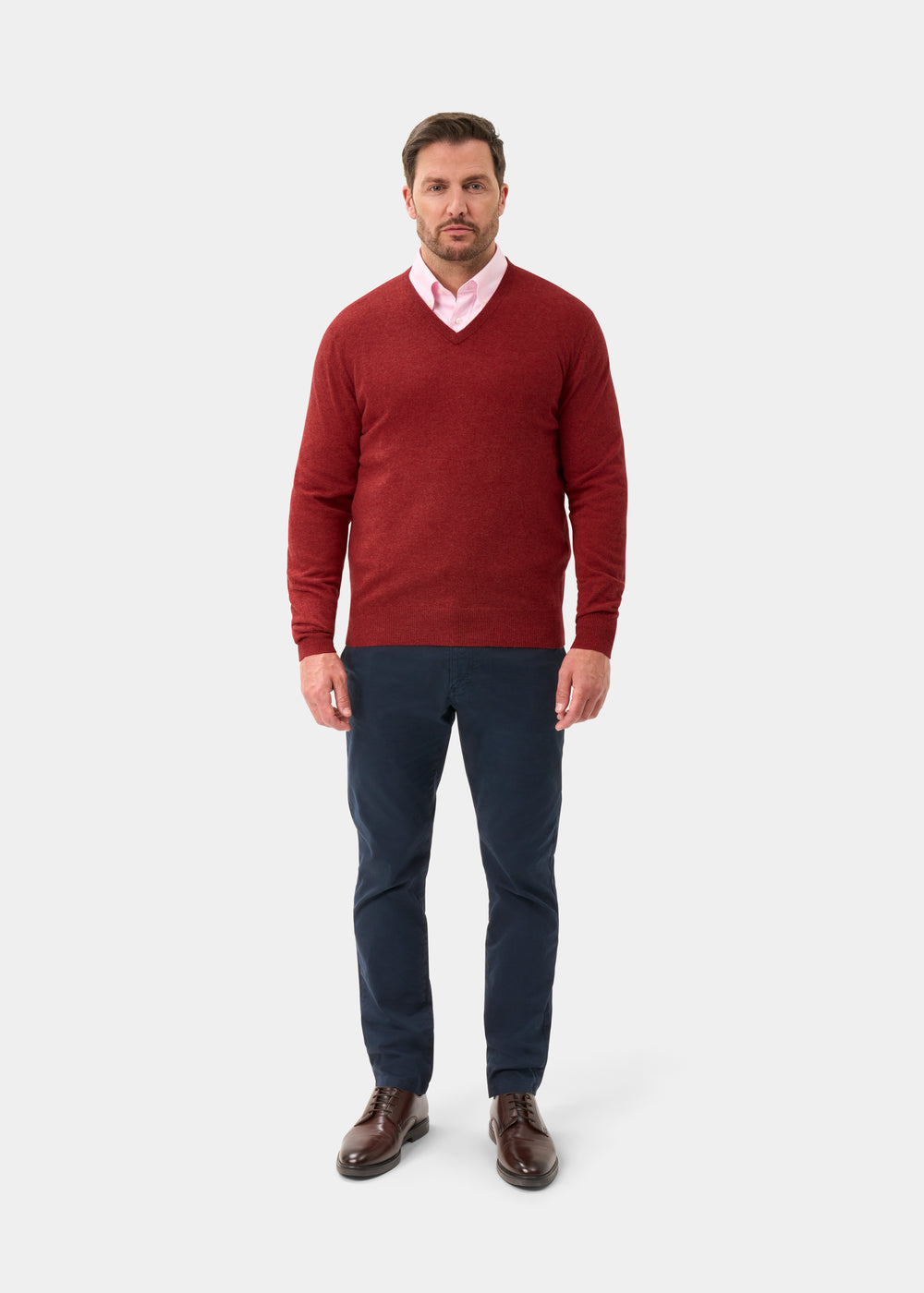 Men's Geelong Wool Vee Neck Jumper in Poppy Melange