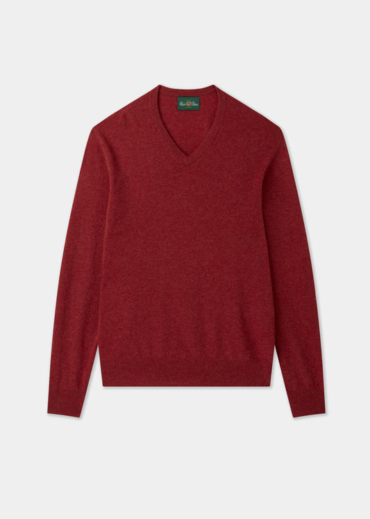 Men's Geelong Wool Vee Neck Jumper in Poppy Melange
