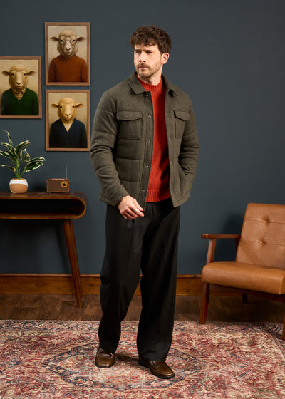 Mens-Knitted-Quilted-Shacket-Olive