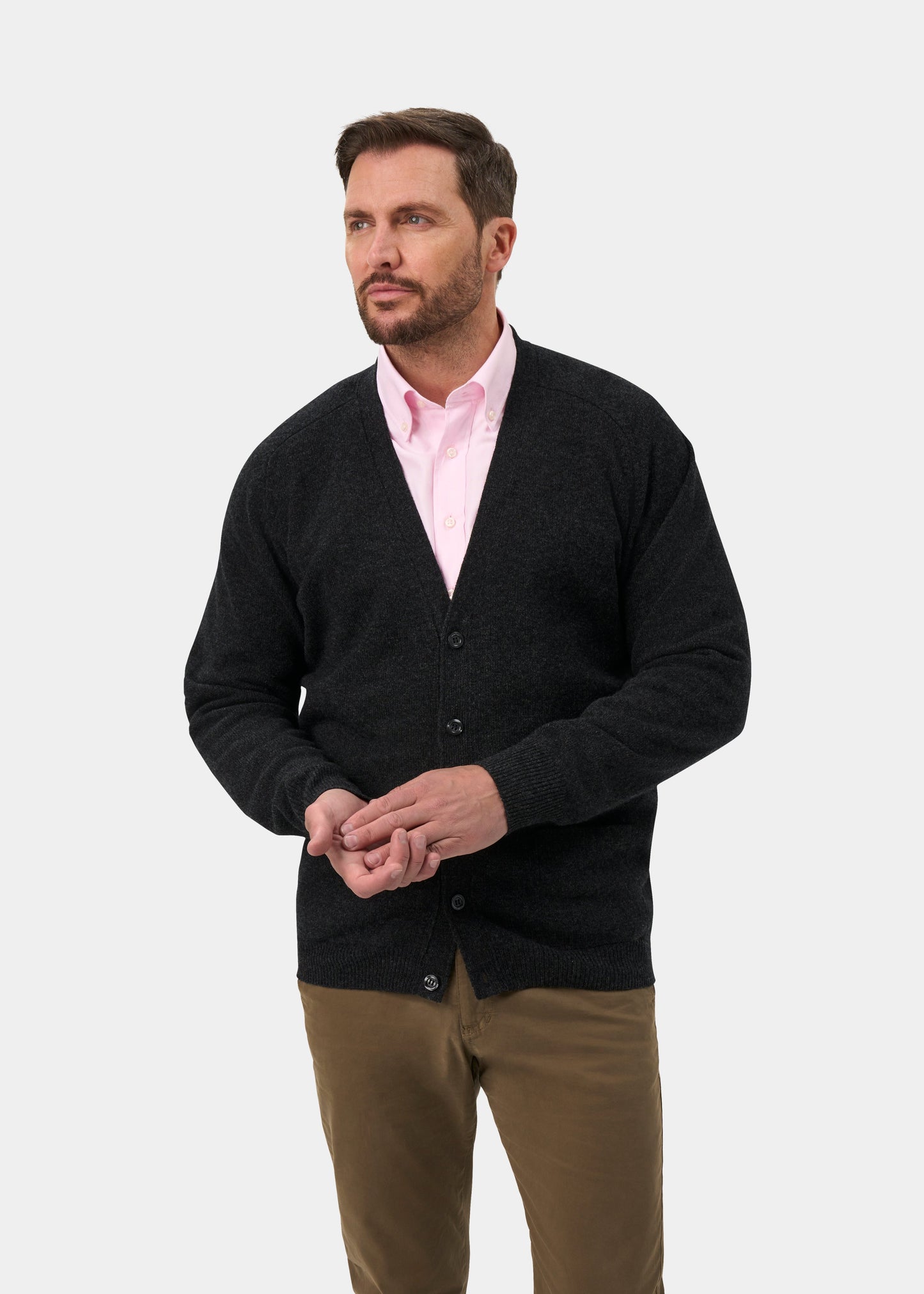 Cornwall Lambswool Cardigan in Charcoal - Classic Fit