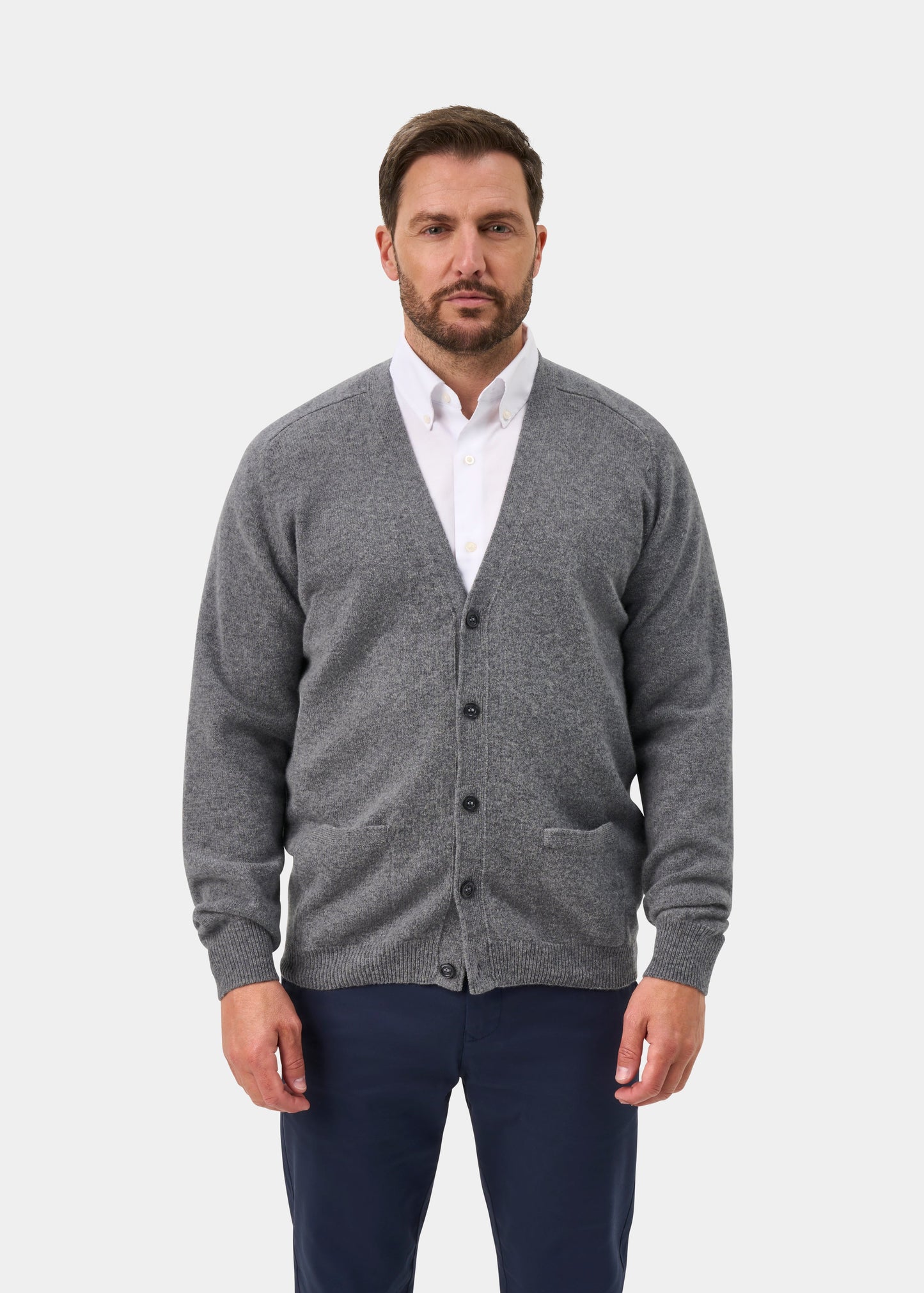 Cornwall Lambswool V-Neck Cardigan In Grey Mix - Classic Fit
