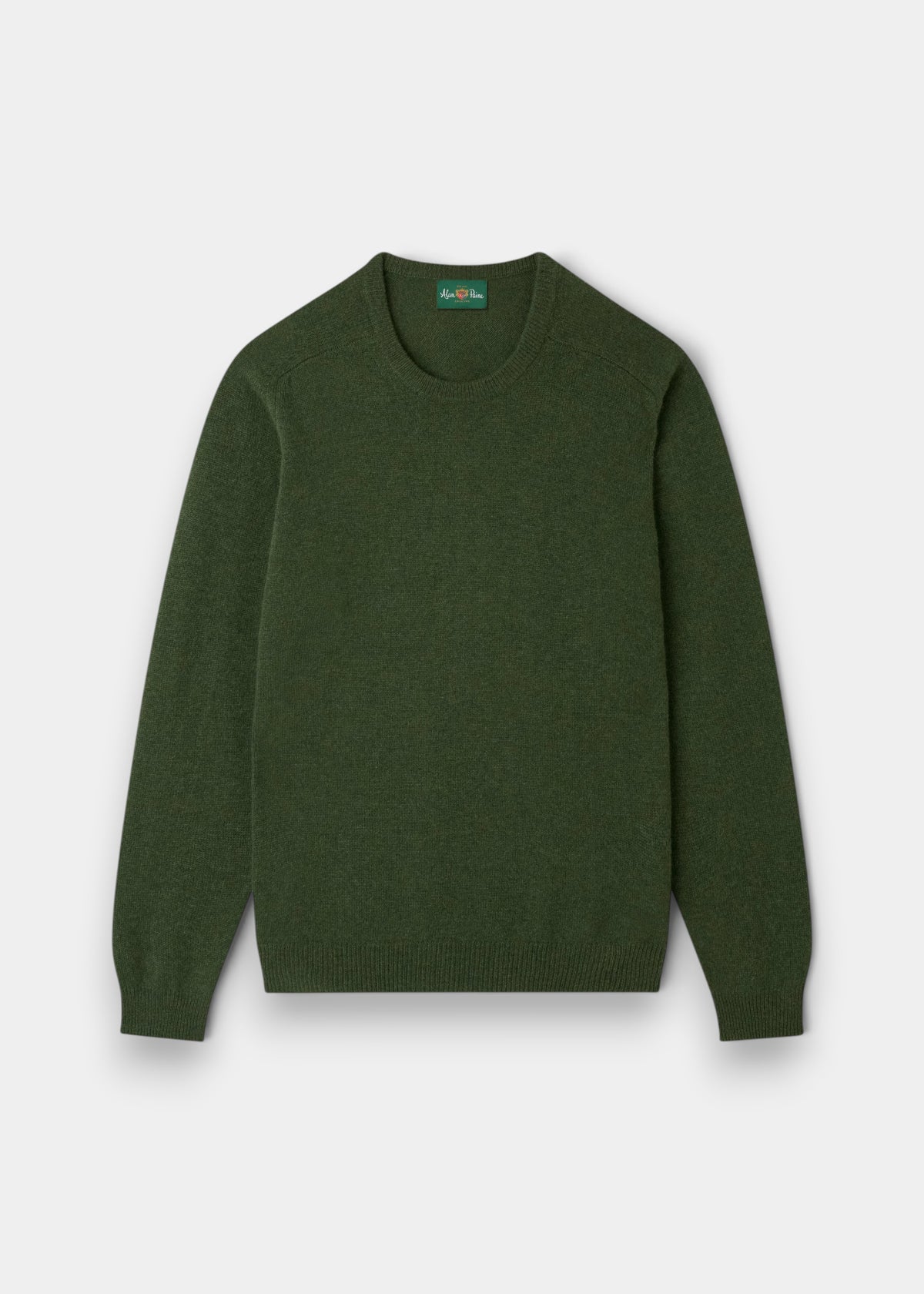 Dorset Lambswool Crew Neck Jumper in Rosemary, classic fit, long sleeves, saddle shoulder, shown flat on white.