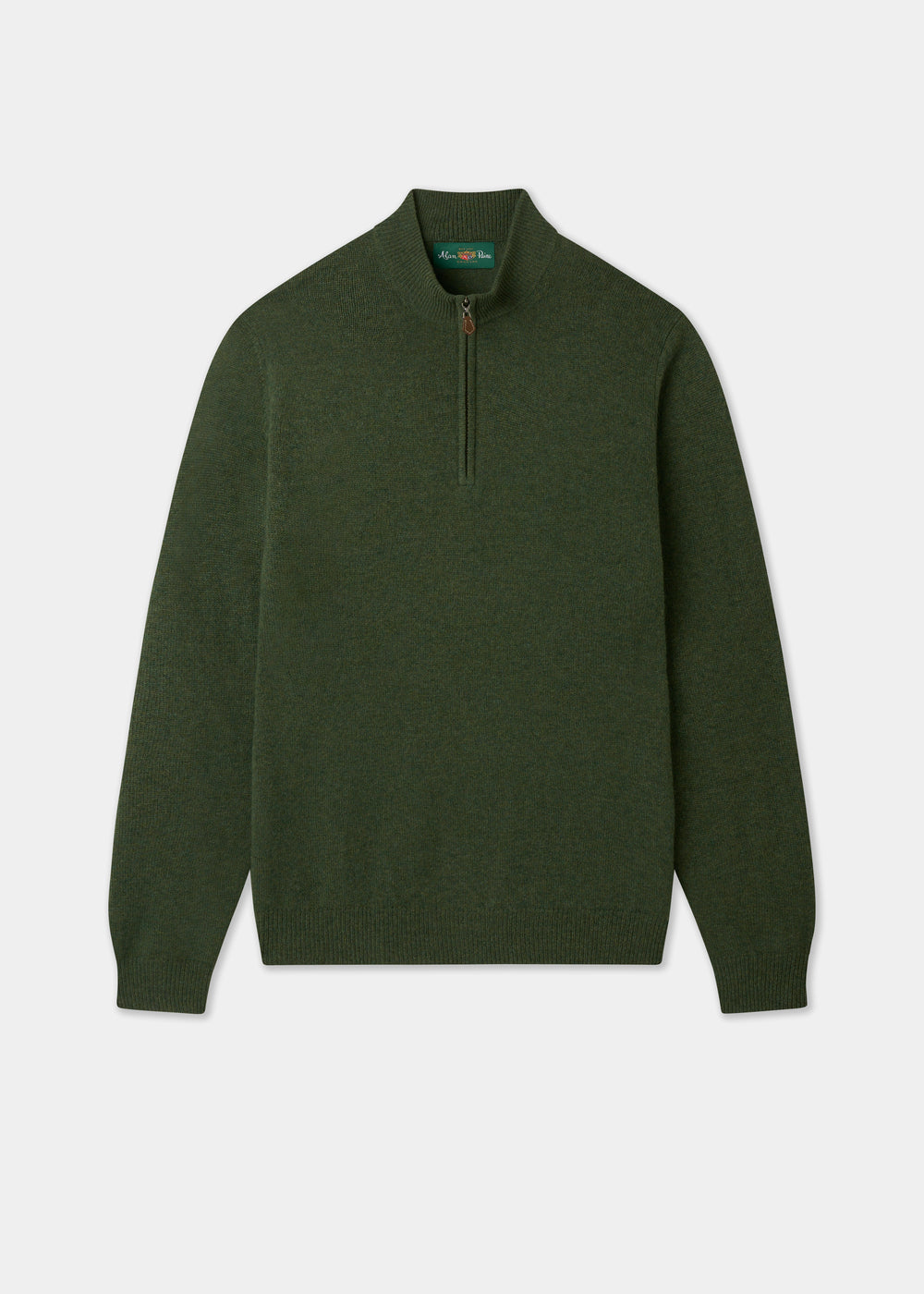 Sutherland Lambswool Quarter Zip Jumper In Rosemary: dark green, knit, quarter-zip sweater.