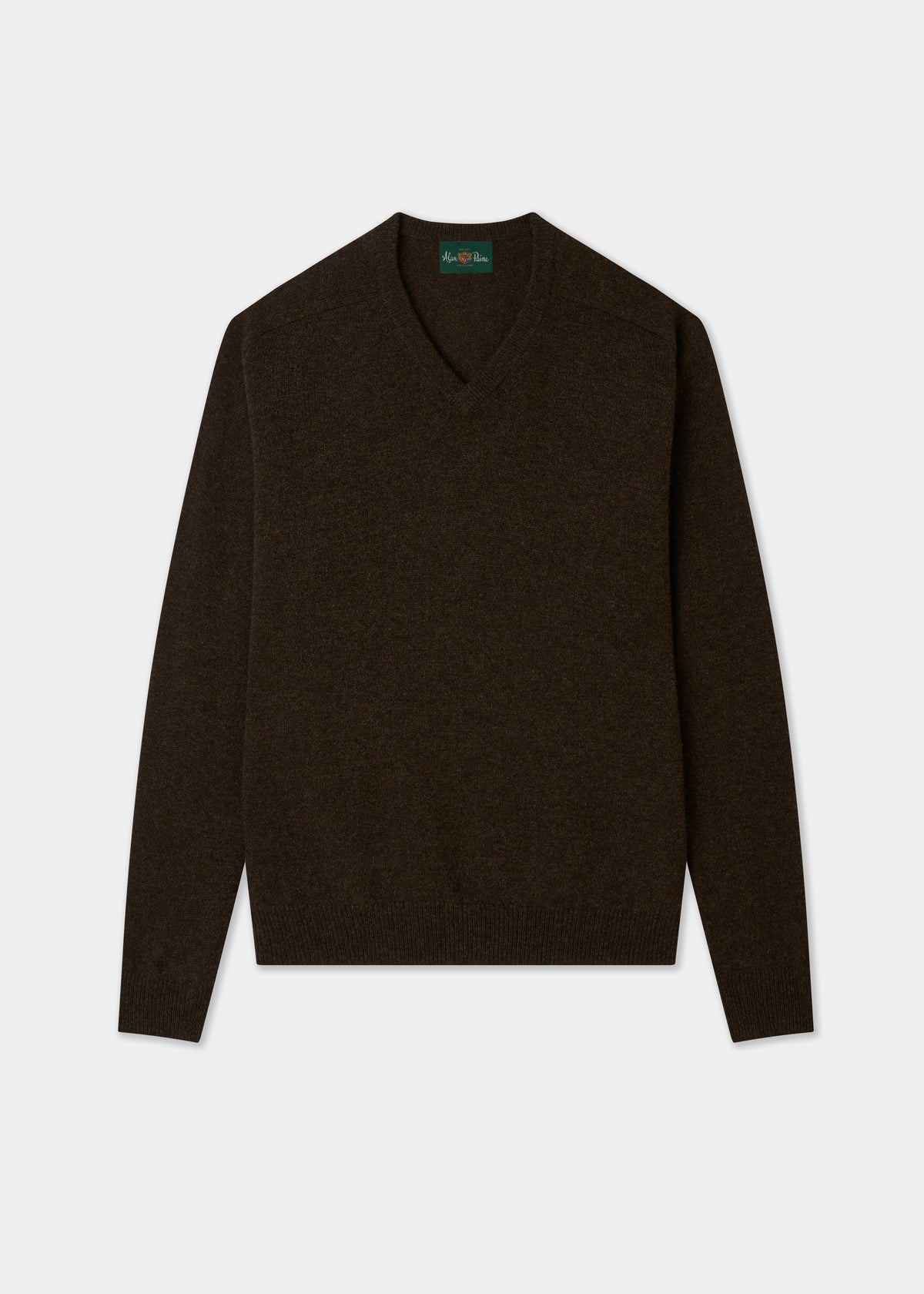 Kilsyth Lambswool Vee Neck Jumper in Cocoa, regular fit, shown laid flat on a white background.