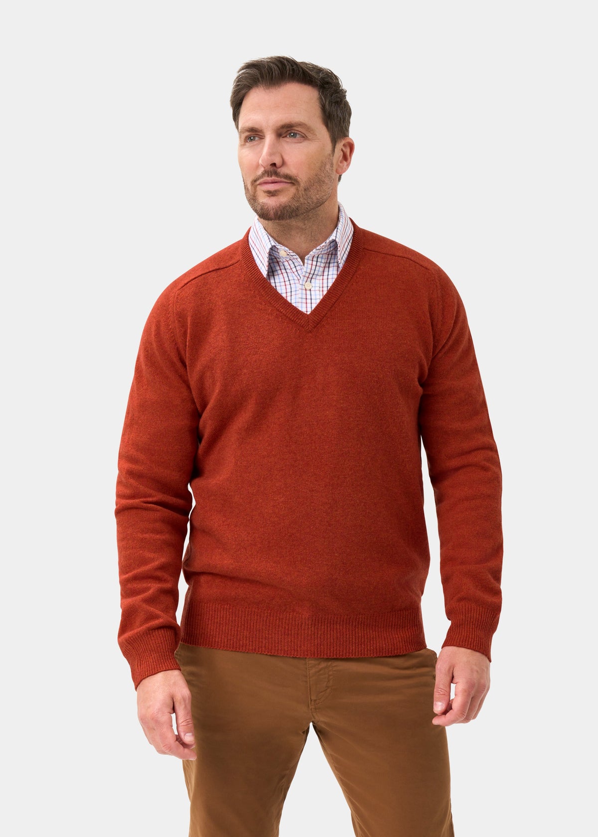 Men's Lambswool Vee Neck Jumper in Ember