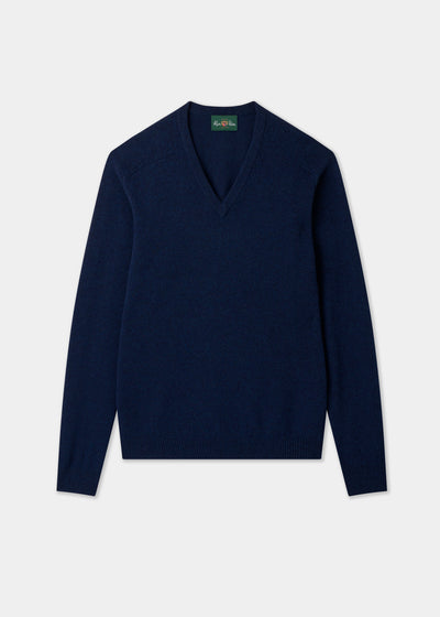Men's Lambswool Vee Neck Jumper in Indigo