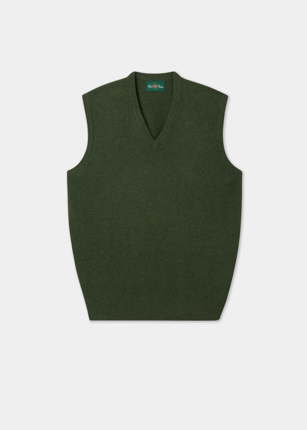 Norfolk Lambswool V-Neck Slipover In Rosemary, a soft dark green V-neck sweater vest.