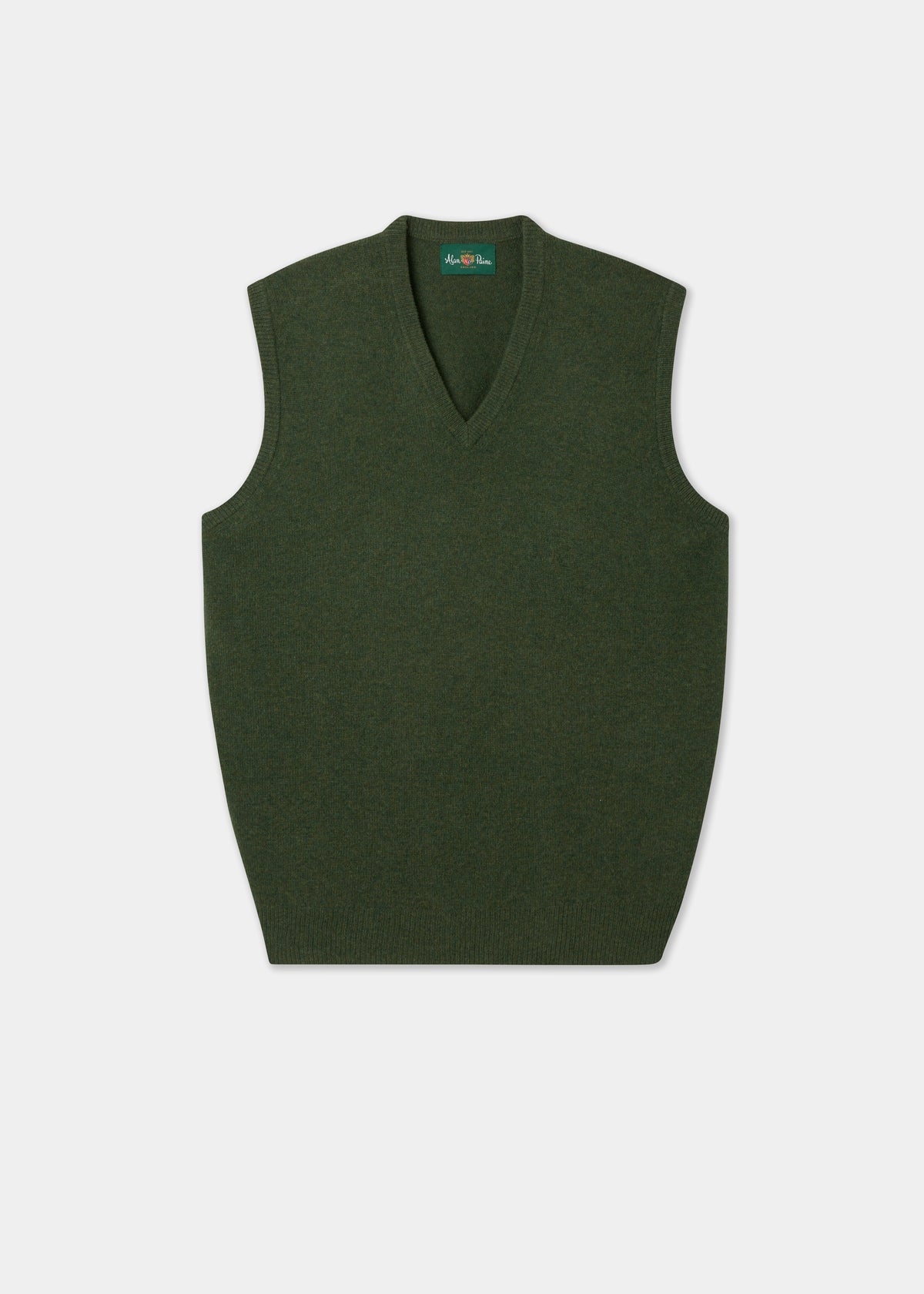 Norfolk Lambswool V-Neck Slipover In Rosemary, a soft dark green V-neck sweater vest.