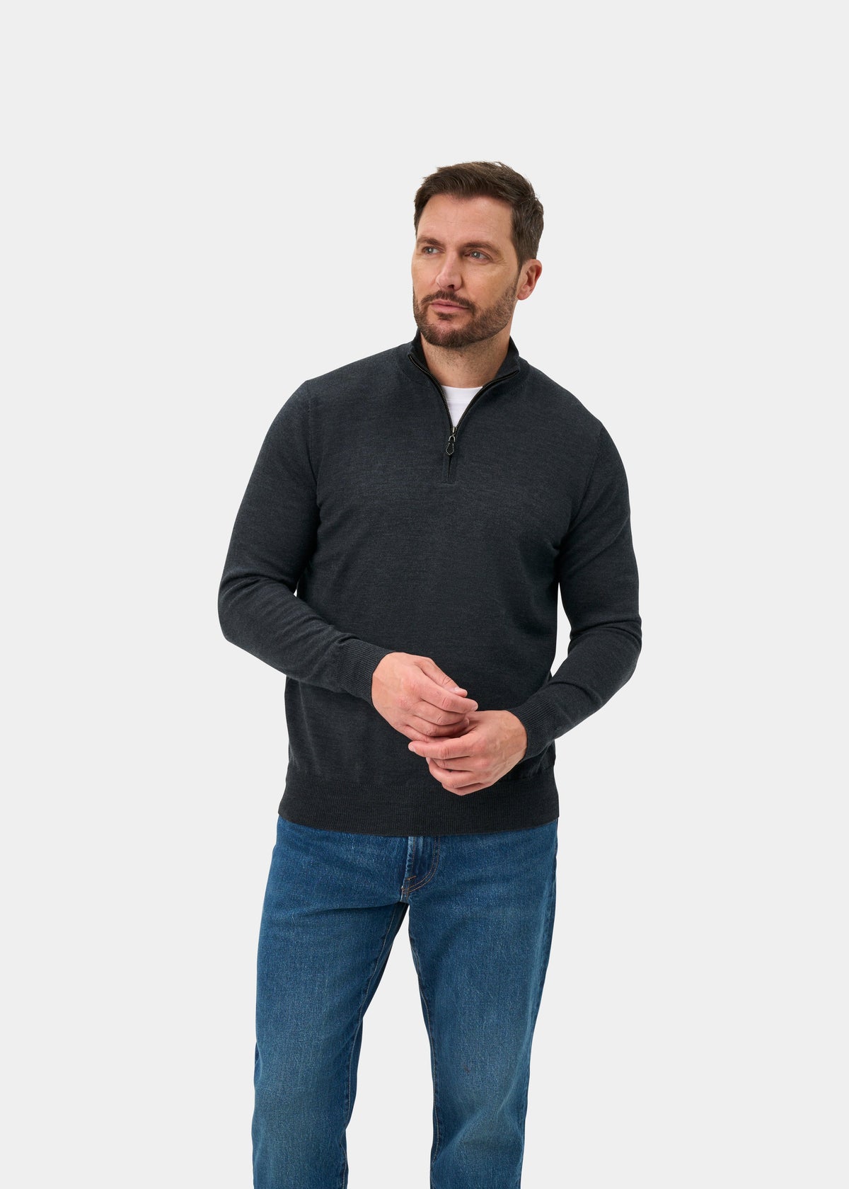 Barton Merino Wool Quarter Zip Jumper In Charcoal - Regular Fit