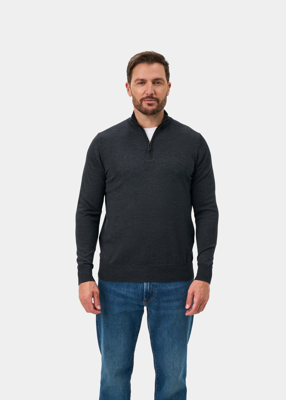 Barton Merino Wool Quarter Zip Jumper In Charcoal - Regular Fit