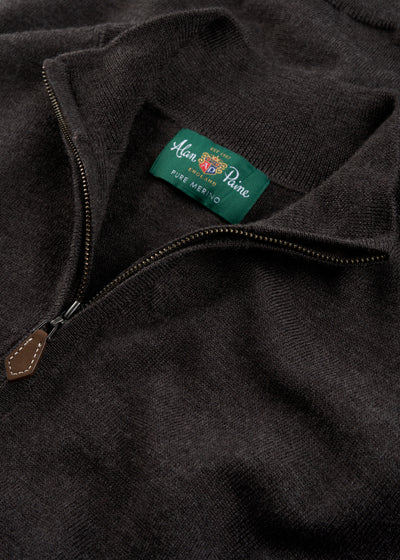 Men's Merino Wool Quarter Zip Neck Jumper in Dark Brown