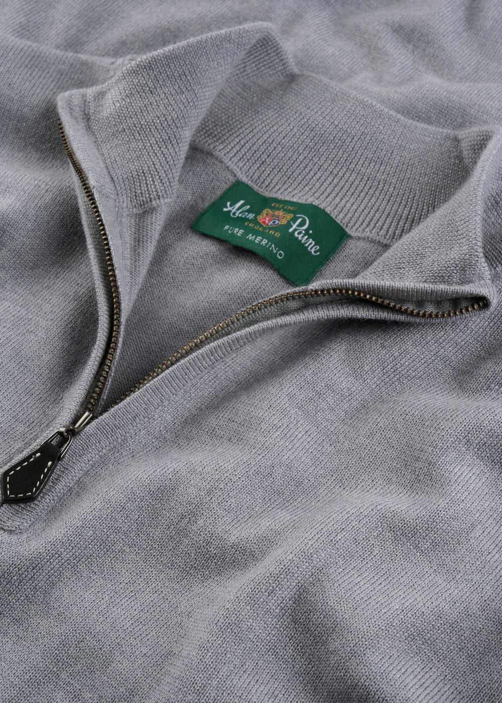 Barton Merino Wool Quarter Zip Jumper in Light Grey Mix, regular fit with green Alan Paine label.
